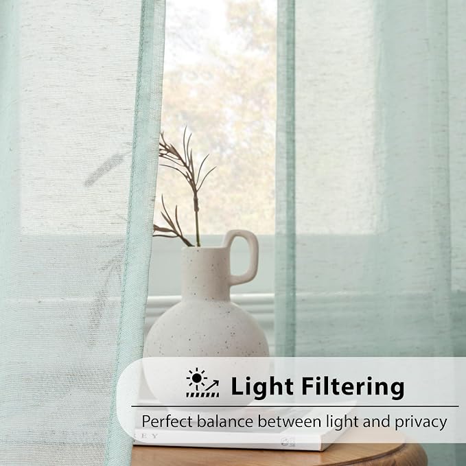 FMFUNCTEX Grey Flax Linen Sheer Curtains 63 Inch Long Rod Pocket 2 Panels | Semi Sheer Window Drapes Grey for Bedroom and Living Room, Farmhouse French Window Curtain Privacy