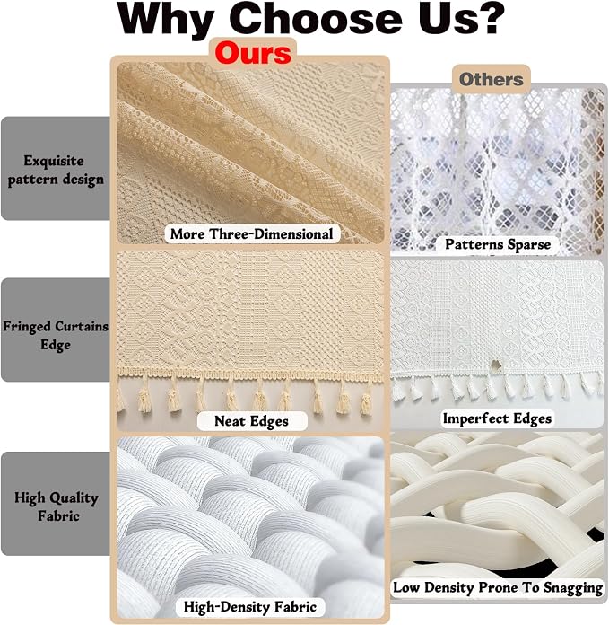 Sutuo Home Beige Lace Boho Curtains 45 Inches 2 Panels,Semi Sheer Small Window Curtains for Kitchen Cafe Crochet Vintage Chic Country Tassels Bohemian Drape Privacy Rustic Geometry Rod Pocket, 50" W