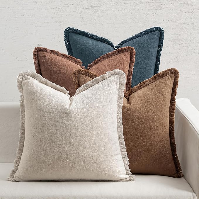 MIULEE Fall Linen Fringe Pillow Covers Set of 4 24x24 Beige/Brown/Blue | Boho Farmhouse Decorative Throw Pillow Covers, Neutral Soft Rustic Cushion Cases, for Couch Sofa Bed Living Room Home Decor