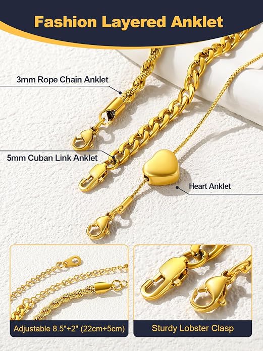 U7 2Pcs/3Pcs Ankle Bracelets for Women, Stainless Steel Cuban Link/Figaro/Rope/Heart Chain Anklets Sets,Waterproof Layered Anklets Adjustable 8.5"-10.5"