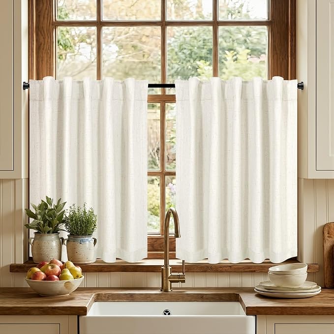 Pitalk Short Linen Blackout Curtains 24 Inch Length 2 Panels for Small Window Half Bedroom Living Room Cafe Curtains Thermal Privacy Drapes for Kitchen Over Sink Bathroom Cream Ivory 42 Inch Wide 2ft