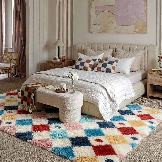 PureCozy Checkered Rug 4x6 Fluffy Shag Living Room Colorful Area Rug Modern Washable Carpet Soft Shaggy Non Slip Indoor Plush Fuzzy Rugs for Bedroom Dorm Office Home Aesthetic Decor