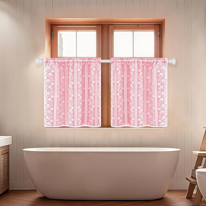 ASPMIZ Pink Kitchen Curtains Double Layer Curtains with Linen Lace, Linen Kitchen Window Curtain 24 inch Length Farmhouse Tier Curtain for Small Windows Rod Pocket Window Treatments for Cafe Bathroom