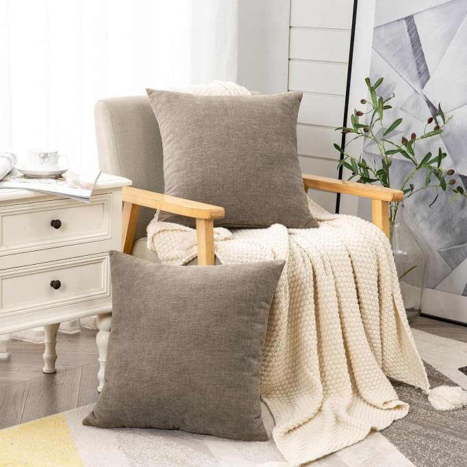 GAWAMAY Decorative Throw Pillow Covers 16x16 Inch Set of 2, Super Soft Chenille Square Pillows Farmhouse Fall Pillowcase for Living Room Bedroom Sofa Couch Cushion Cover Taupe Grey 40x40cm