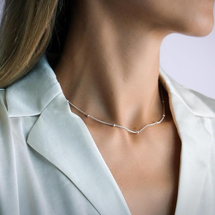Bead Station Necklace on Cable Chain - 2 mm beads, Minimalist 925 Sterling Silver Necklace for Women, Simple & Elegant - Stylish Gift Packaging for Special Occasions