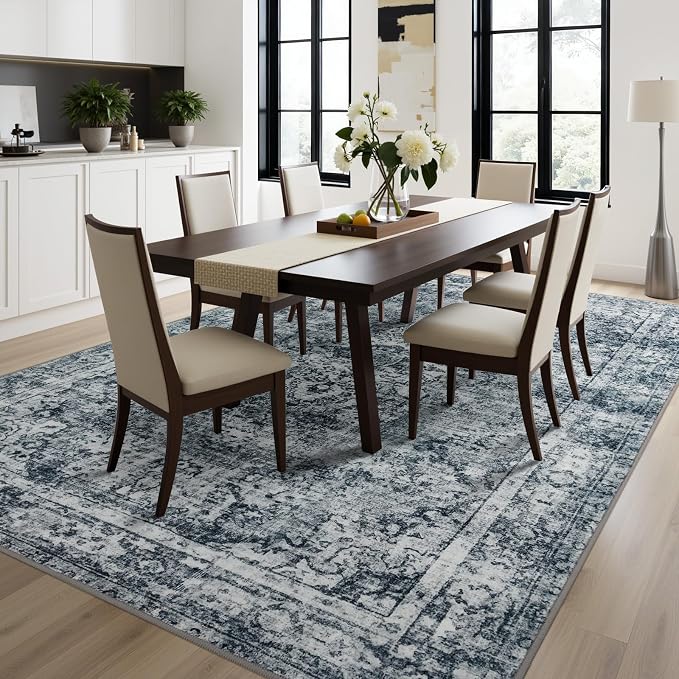 Joydeco 5x7 Area Rugs for Living Room, Machine Washable Vintage Area Rugs, Low Pile Non Slip Carpet, Lightweight Chenille Print Rug for Bedroom, Dining Room, Home Office, Light Grey
