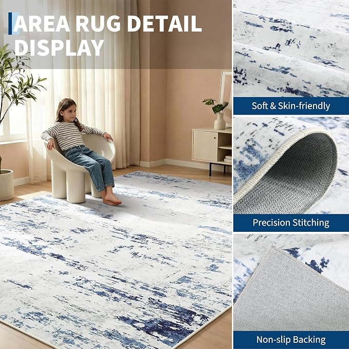 GarveeHome 8x10 Abstract Area Rug Neutral Washable Living Room Bedroom Rug | Soft Low Pile Non Slip Accent Rug for Living Room, Bedroom, Dining Room, Modern Indoor Carpet