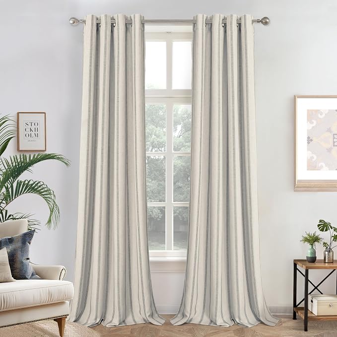 DriftAway Farmhouse Linen Stripe Blackout Curtains, W52xL102, Gray | Blackout, Linen Texture, Stripe Pattern, Rod Pocket & Back Tab, Two Layers, Bedroom Living Room Use, Sound Reducing Design