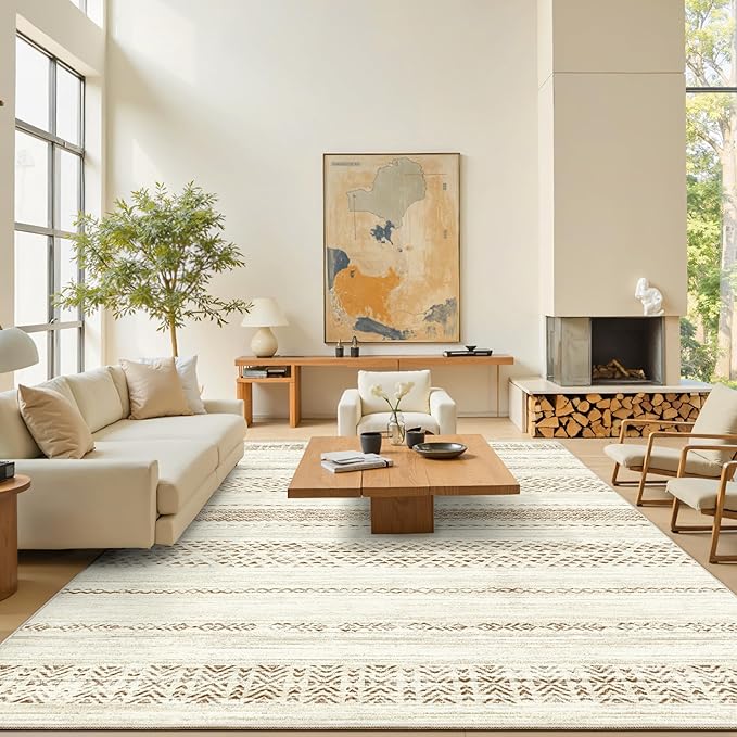 Miukiki 10x14 Area Rugs for Living Room Moroccan Washable Rugs Non Slip Indoor Floor Carpet Foldable Large Soft Area Rug with Low Pile for Dining Room Bedroom Office(Brown,10'x14')
