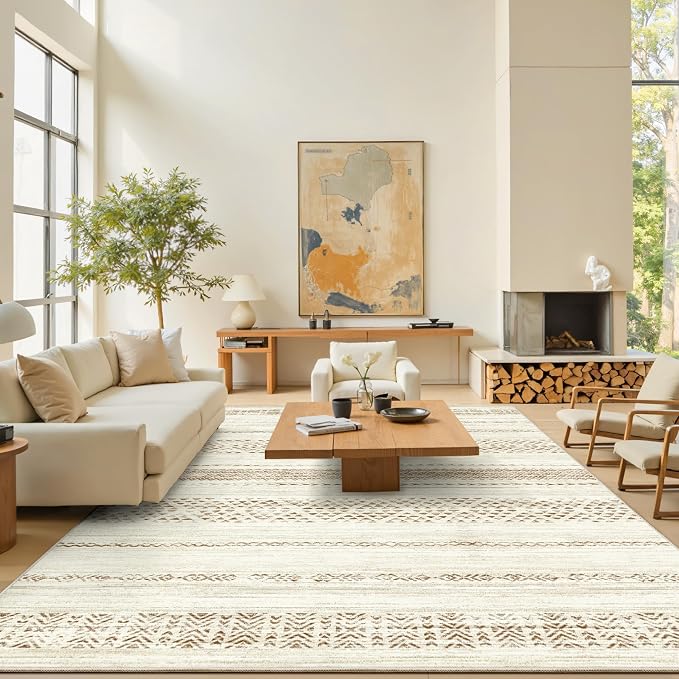 Miukiki 9x12 Area Rug for Living Room Moroccan Washable Rugs Non Slip Indoor Floor Carpet Foldable Large Soft Area Rug for Dining Room Bedroom with Low Pile(Brown,9'x12')