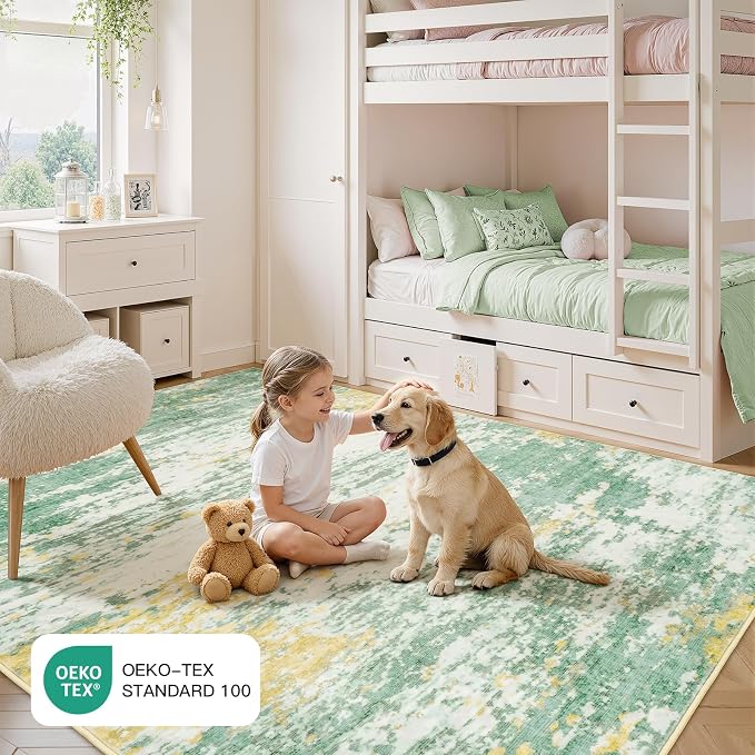 Lofus 9x12 Area Rug for Living Room,Abstract Large Rugs with Non-Slip Backing, Neutral Modern Washable Carpet for Bedroom Dining Room Home Office Nursery Indoor, Light Green/Yellow