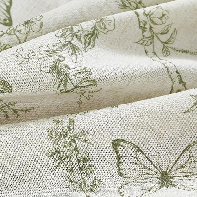 Lazzzy Charlotte Farmhouse Linen Curtains Green Floral Curtains 108 Inch Length Extra Long Drapes for Living Room Bedroom Light Filtering Country Vintage Rod Pocket Curtain, 2 Panels, Green on Beige