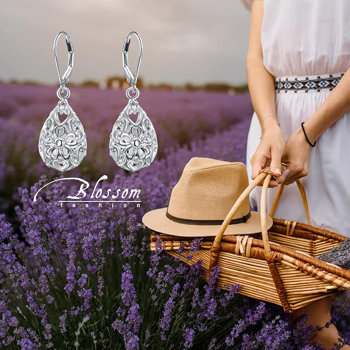 925 Sterling Silver Filigree Dangle Drop Earrings Daisy/Lotus/Rose Flower/Moonstone Leverback Teardrop Earrings for Women Infinity Celtic Knot Daisy Lotus Jewelry for Mothers Day