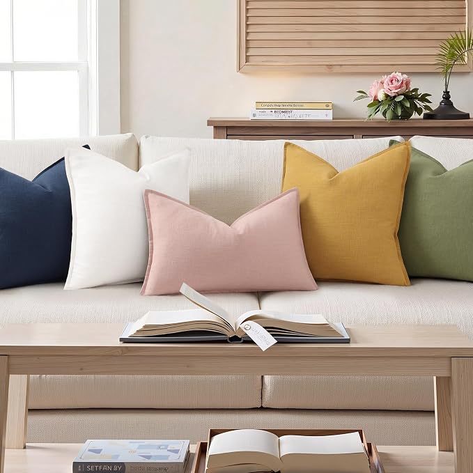 decorUhome Fall Pink Linen Throw Pillow Covers 12x20 Set of 2 | Decorative Soft Cozy Modern Farmhouse Boho Accent Pillow Cases with Flange Edges for Couch Bed Sofa Living Room Home Decor