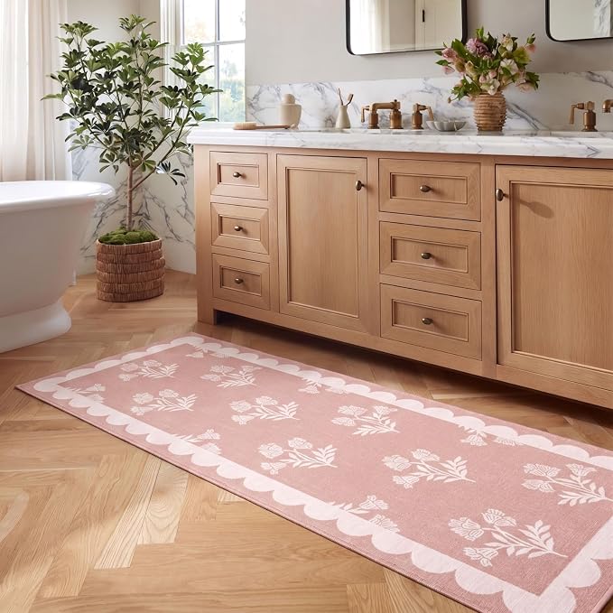 Non Slip Washable Kitchen Runner Rug - 2x6 Pastel Pink Floral Hallway Runner Rugs Soft Boho Runners for Hallways Preppy Scalloped Laundry Room Rug Floor Rugs for Bedroom Entryway Bathroom