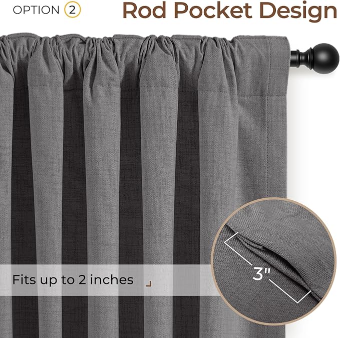 INOVADAY 100% Blackout Curtains 108 Inches Length 2 Panels Set, Back Tab/Rod Pocket Linen Black Out Curtains for Bedroom, Thermal Insulated Window Drapes - Dark Grey, W50 X L108
