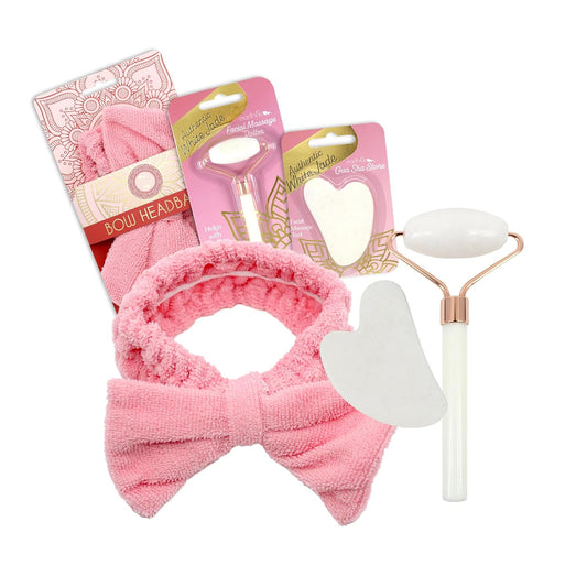 Earth & I Fuzzy headband White Jade Roller & Face Guasha Set 3pc, At Home Spa Essentials, Women Self Care, Face Tool for Lymphatic Drainage, Gua Sha Roller, Gusha, Spa Accessories for Women