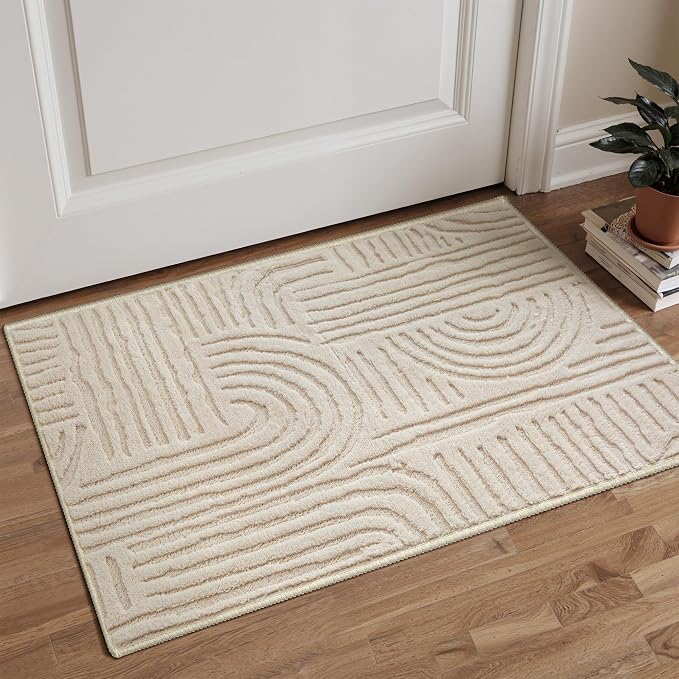 GENIMO Soft 2x3 Washable Entryway Rug Non Slip, 3D Modern Arch Pattern Door Mat, High-Low Pile Textured Non Slip Fuzzy Carpet, Non-Shedding Stain Resistant Beige Rugs for Bathroom Kitchen Entrance