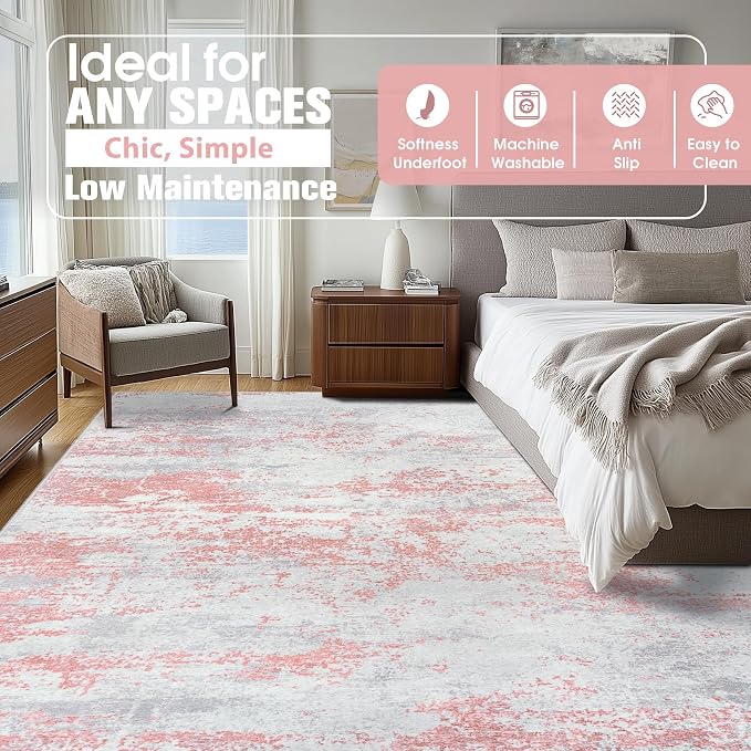 10x14 Area Rugs for Living Room Rug Washable: Abstract Large Rug Indoor Modern Carpet Non Slip for Dining Room Bedroom Nursery Home Office Pink