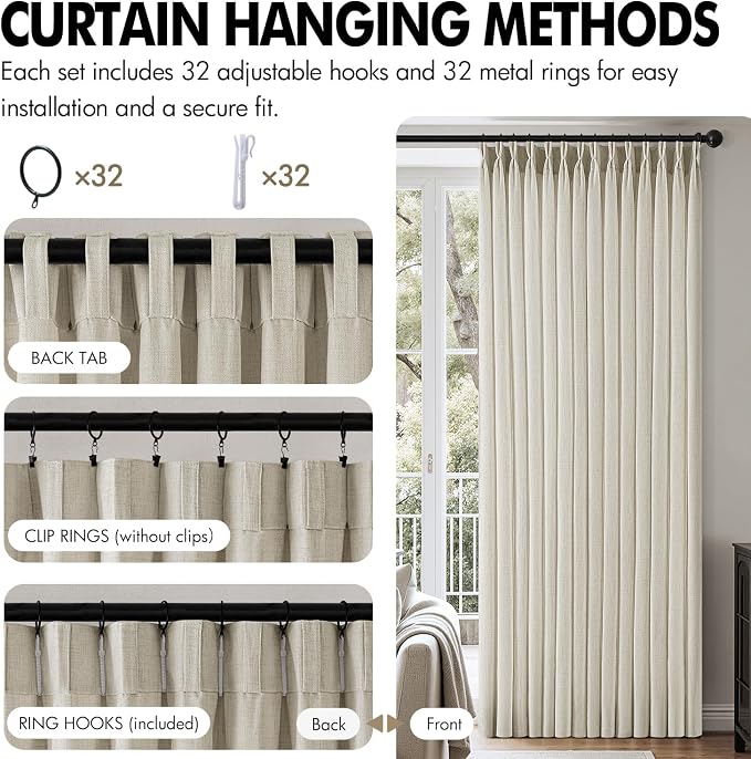 MIULEE Pinch Pleated Thick Linen Curtains 90 Inch 4 Panels Set Back Tab Memory Trained Pinch Pleat Semi Sheer Light Filtering Privacy Curtain Let Light in Window Drapes for Living Room Bedroom Cream