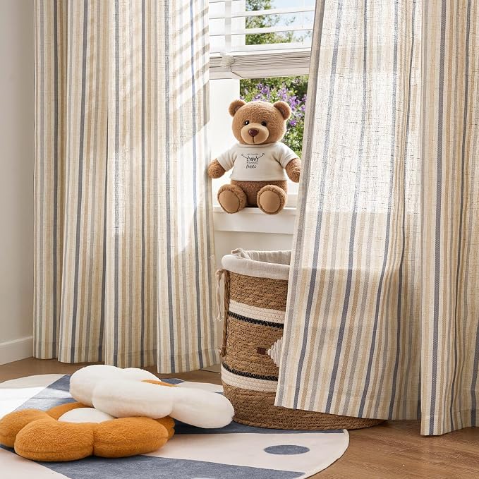 jinchan Linen Curtains 96 inch Blue Stripe for Kids Room Grommet 2 Panels | Kids Curtains for Nursery Living Room Bedroom Baby Boys Room,Cute Colorful Ticking Stripe,Cottagecore Rustic,Light Filtering