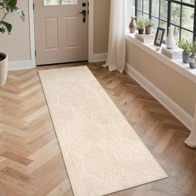 GENIMO Soft 2x6 Washable Runner Rug Non Slip, 3D Modern Floral Hallway Runner, High-Low Pile Textured Non Slip Thin Fuzzy Carpet, Non-Shedding Stain Resistant Beige Rugs for Entryway Bedroom Laundry