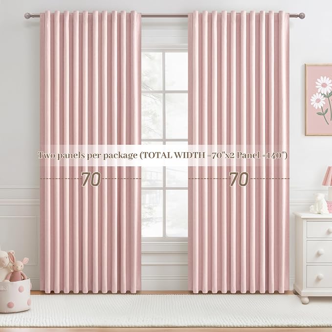 Cute Baby Pink Extra Wide Curtains 70 Inches Wide for Grils Bedroom 2 Panels Set,Heavy Duty Pleated 84 Inch Long Linen Blackout Sliding Door Large Window Thermal Privacy Drapes(70"Wx84"Lx2 BabyPink)