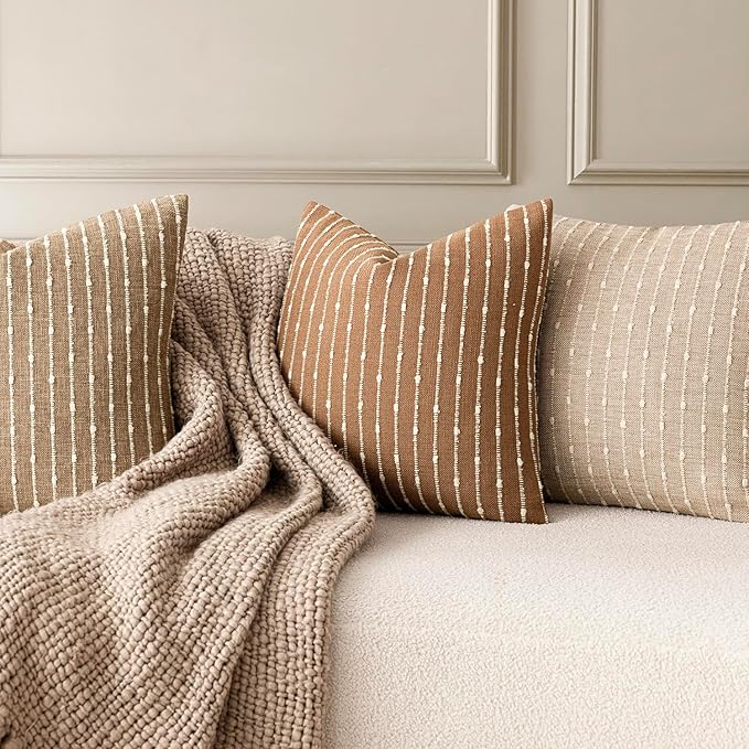 Foindtower Pack of 2 Decorative Jacquard Boucle Lumbar Throw Pillow Covers Accent Textured Striped Pillowcases Cozy Boho Cushion for Couch Sofa Bedroom Living Room Home Decor 12x20 Inch Rust Tobacco