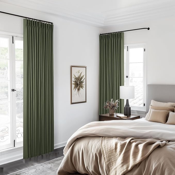 Olive Green Pinch Pleated Blackout Linen Bedroom Curtains 96 Inch Length | Double Layer Curtainsfor 100% Blackout, Pleat with Ring Hooks Back Tab, Black Out Room Darkening Drapes, for Living Room