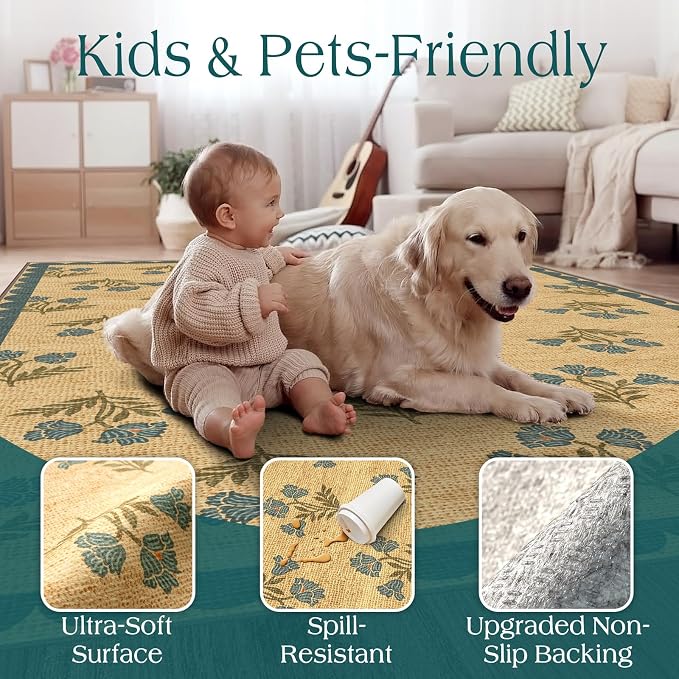 Non Slip Washable Kitchen Runner Rug - 2x6 Blue Floral Hallway Runner Rugs Soft Boho Runners for Hallways Jute-Look Farmhouse Scalloped Rugs for Bedroom Entryway Foyer Laundry Room Bathroom