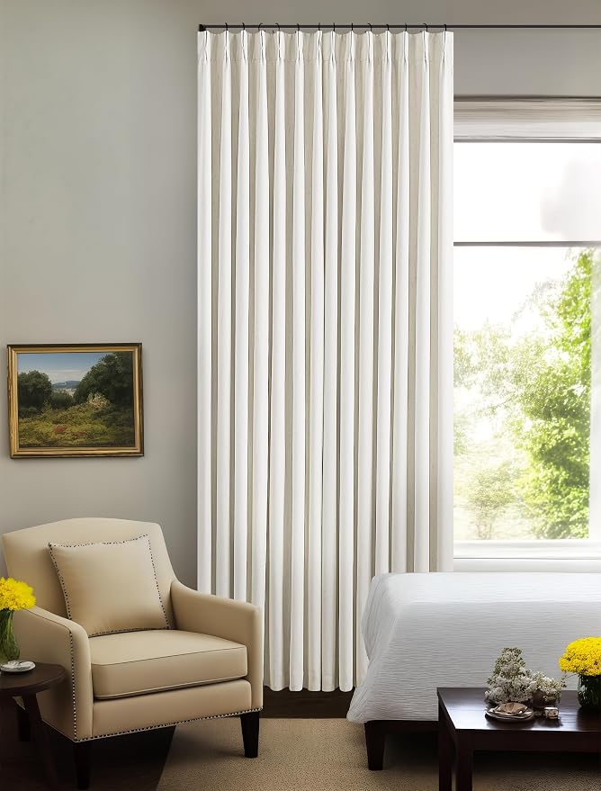 Natural Pinch Pleated Linen Blackout 105 Inch Curtains 2 Panels for Bedroom | 100% Black Out with Liner, Room Darkening Thermal Insulated, Pinch Pleat Back Tab, for High Ceiling Living Room 40x105