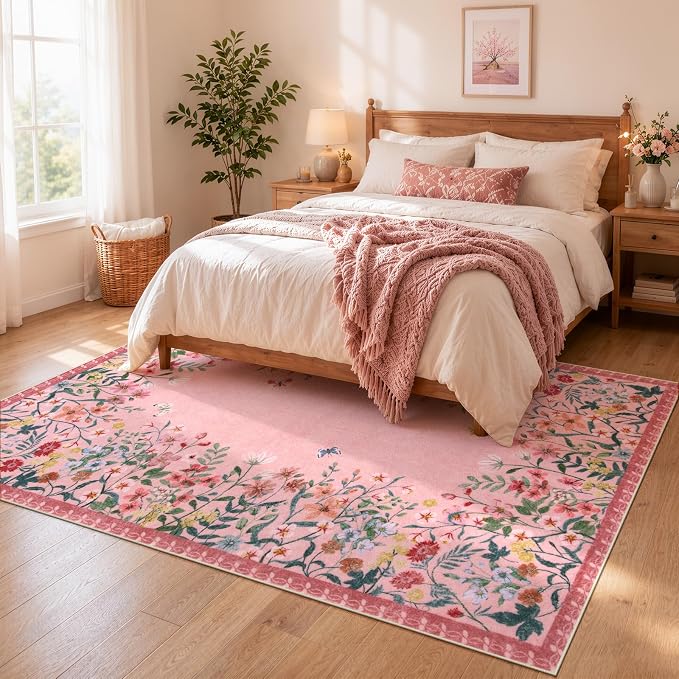 Wonnitar 5x7 Washable Area Rug, Pink Floral Rug for Living Room, Cute Boho Rug for Girls Bedroom, Non Slip Soft Nursery Carpet, Farmhouse Kids Room Decor (5x7 Pink)