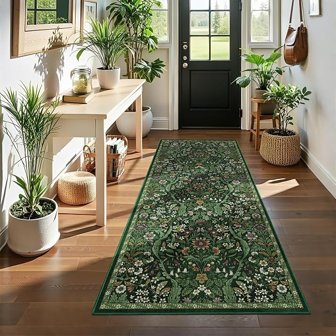 3×7 Washable Runner Rug,Dark Green Floral Kitchen Rugs for Hallway,Low-Pile Non-Slip Stain Resistant Carpet for Kitchen, Bedside,Laundry Room,Entryway
