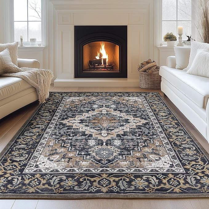 Lessymo Area Rugs 5x7, Machine Washable Area Rug, Super Soft Faux-Wool Area Rugs for Living Room Bedroom Kitchen, Boho Vintage Floral, Non-Slip Low Pile, Kid & Pet Friendly, Black Brown