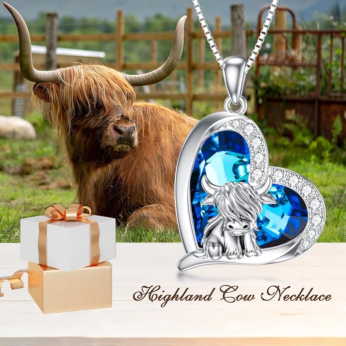 Highland Cow Gifts for Women 925 Sterling Silver Highland Cow Birthstone Necklace Fluffy Cow Jewelry Gifts Birthday Christmas