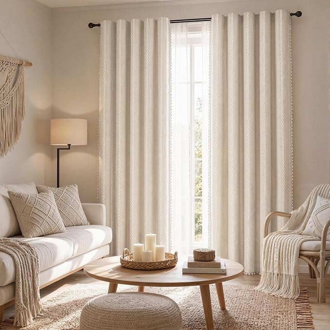 Boho Blackout Curtains 2 Panels 84 Inch for Living Room Bedroom, Beige Linen Texture Farmhouse Curtains with Tassels and Cotton Embroidery Vintage Rustic Western Rod Pocket