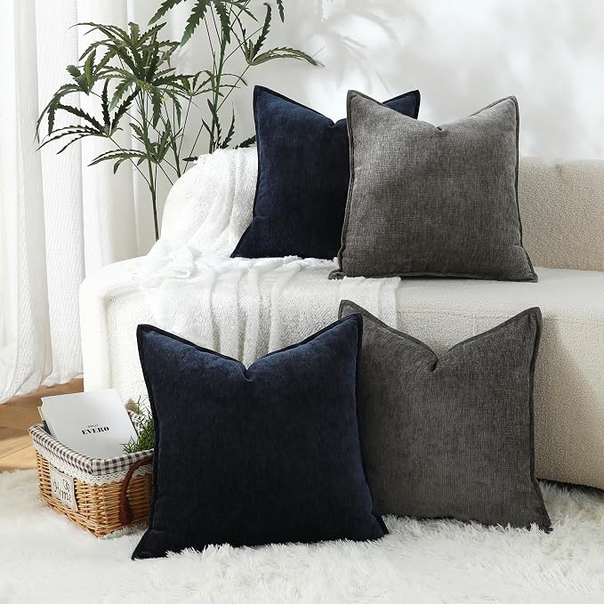 Stellhome Soft Chenille Decorative Pillow Covers 20x20 Inch Natural Dark Grey Boho Farmhouse Neutral Couch Throw Pillows for Bed Sofa Livingroom Pack of 2 Accent Modern Pillowcase Home Decor