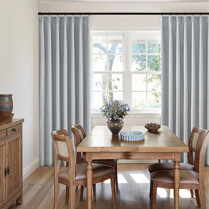 MIULEE Grayish Blue Pinch Pleated 100% Blackout Linen Curtains for Bedroom, Room Darkening Memory Trained Light Blocking Window Curtain 84 inches Long for Living Room, Black Out Pleat Drapes, 2 Panels