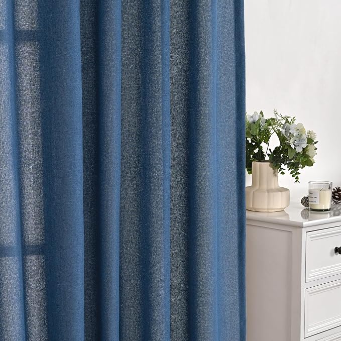 YoungsTex Navy Blue Linen Curtains 48 Inch Length, Short Light Filtering Semi Sheer Drapes with Bronze Grommet Privacy for Bathroom Living Room Window, 42 x 48 Inch, 2 Panels