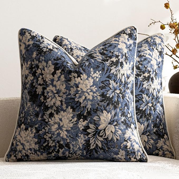 DEZENE Pack of 2 Vintage Floral Throw Pillow Covers 20x20 Boho Farmhouse Accents Chenille Square Decorative Pillow Cases for Living Room Couch Bed Home Decor, Dusty Blue