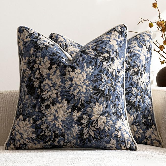 DEZENE Pack of 2 Vintage Floral Euro Sham Covers 24x24 Boho Farmhouse Accents Chenille Square Decorative Throw Pillow Cases for Living Room Couch Bed Home Decor, Dusty Blue