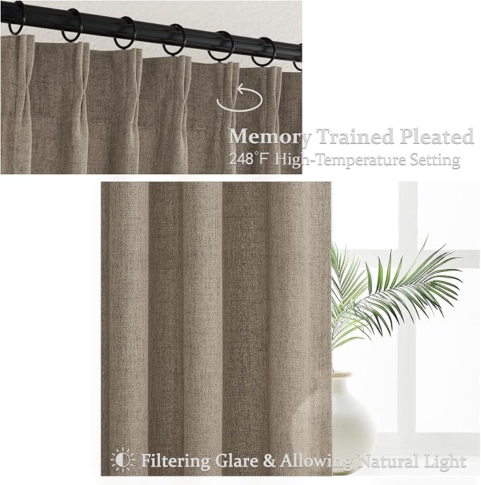 Custom 60 Inch Wide Pleated Natural Linen Curtains 92 Inches Long for Office, Memory Shape Dark Flax Semi Sheer Light Filtering Drapes Classroom 90-92 Inch Length Country Windows Curtain 2 Panels Set