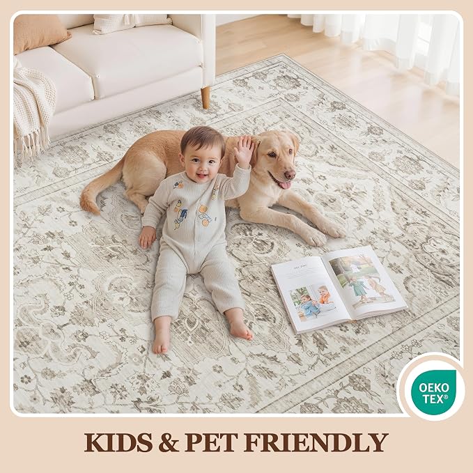 9x12 Area Rugs for Living Room:Beige Washable Vintage Medallion Carpet Non-Slip Soft Low Pile Large Rugs Indoor Retro Rug for Bedroom Nursery Dining Table Office Home(Beige White 9'x12')