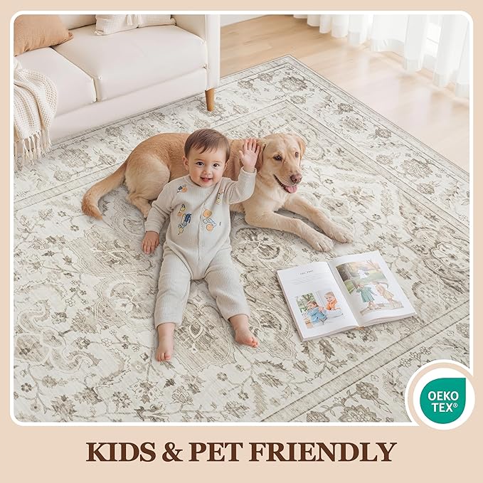 8x10 Area Rugs for Living Room:Beige Washable Vintage Medallion Carpet Non-Slip Soft Low Pile Large Rugs Indoor Retro Rug for Bedroom Nursery Dining Table Office Home(Beige White 8'x10')