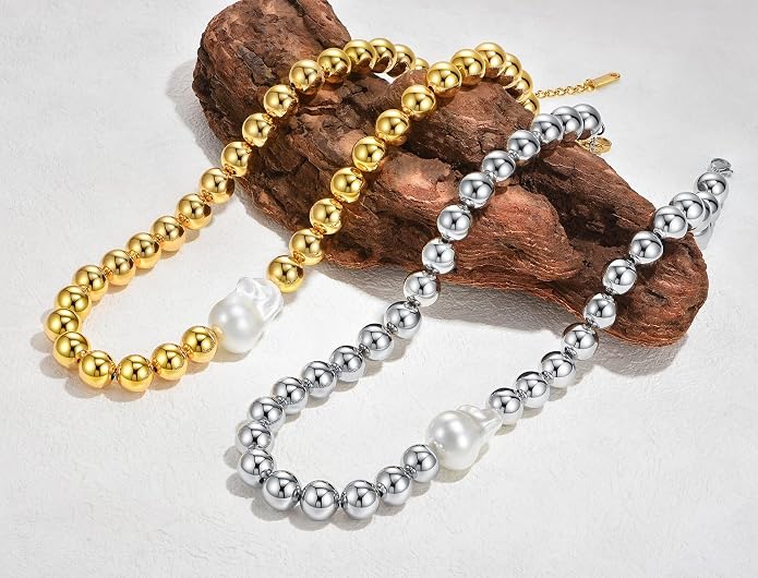 Natural Freshwater Baroque Pearl Necklace 14K Gold Plated Dainty Choker Necklace for Women Girls Snake Chain/Cuban Link/Paperclip/Ball Beaded Chain/Tennis Chain Fashion Jewelry for Gift