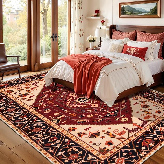SERISSA 5x7 Boho Area Rug, Washable Non-Slip Rugs for Living Room, Large Red Black Rug Ultra Soft Vintage Oriental Print Distressed Carpet for Bedroom Dining Room Dorm Office Home Decor