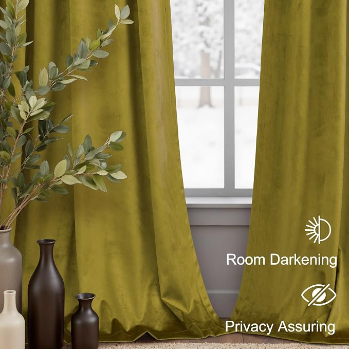 Chartreuse Green Velvet Curtains 108 Inch Long 2 Panels Set Light Blocking Thermal Insulated Super Soft Mid Century Modern Olive Green Velvet Drapes Blackout for Living Room Bedroom Patio Sliding Door