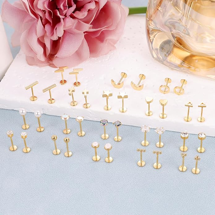 NICEIGHT 18Pairs 20G 316L Stainless Steel Threadless Push in Stud Earrings for Women Men Flat Back Cartilage Stud Earring Helix Tragus Stud CZ Heart Moon Star Ear Stud Piercing Jewelry