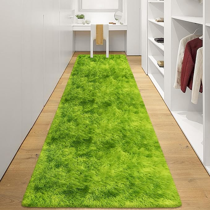 Grass Green Tie-Dyed Rug 3x10 ft Plush High Pile Shag Carpet Fluffy Soft Runner Bedside Rug for Bedroom Living Room Hallway Nursery Kids Home Decor