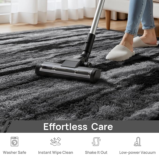 Deerhoo Shag Area Rug, 4 X 6 Tie-Dyed Plush Fuzzy Rugs for Living Room, Ultra Soft Fluffy Furry Rugs for Bedroom, Anti-Skid Indoor Carpet Nursery Rugs for Kids Room Home Decor, Black Gray